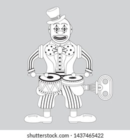 Outline stroke Clown Drummer Wind Up Tin Toy amusement park cartoon concept. Toys for Toddlers Kids Children style vintage. thin line, vector, illustration