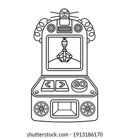 Schlaganfall Puppe Schrank Spielzeug Konzept. Claw-Kran-Maschinenspiel. Vektorgrafik einzeln auf weißem Hintergrund. Symbolsatz. dünne Linie 