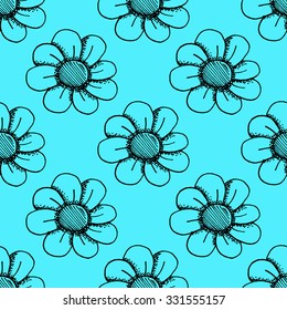 Outline Stroke Flowers Pattern on Blue Background - Hand Drawn Doodle Seamless Surface Pattern Design - Vector Illustration