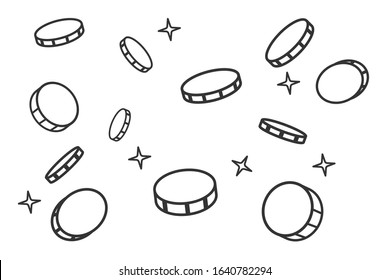 outline stroke gold coins flying cartoon concept. 