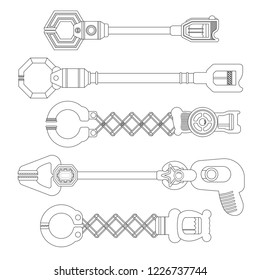 Outline stroke Robotic Claw set on a white background. kids Plastic robot hand toy,robotic claw arm toy,machine hand toy. Cartoon concept Vector , illustration of the claw game device. Thinline.