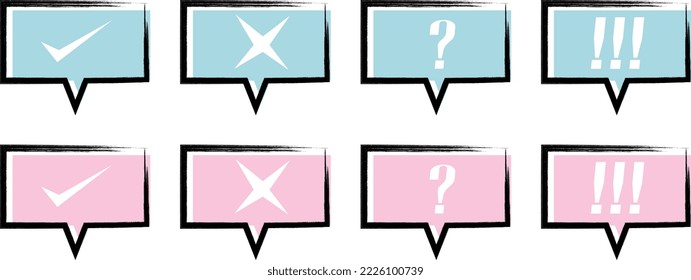 Outline stroke with a speech bubble with Correct, incorrect, question marks, and exclamation marks on light blue and pink bubbles