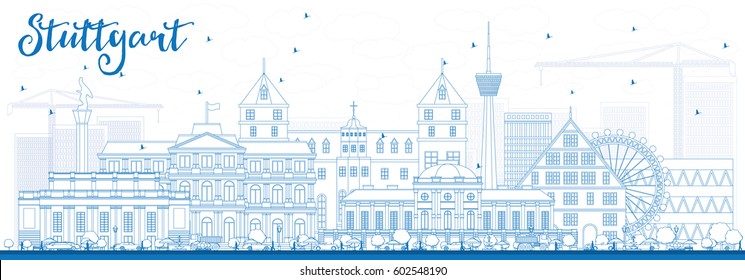 Outline Stuttgart Skyline with Blue Buildings. Vector Illustration. Business Travel and Tourism Concept with Historic Architecture. Image for Presentation Banner Placard and Web Site.