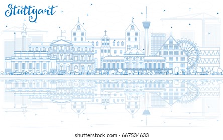 Outline Stuttgart Skyline with Blue Buildings and Reflections. Vector Illustration. Business Travel and Tourism Concept with Historic Architecture. Image for Presentation Banner Placard and Web Site.