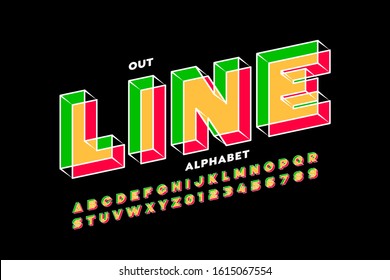 Outline style 3d font design, alphabet letters and numbers, vector illustration
