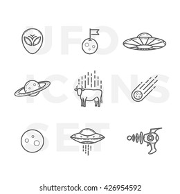 Outline Style Abstract Vector UFO or Alien Icons Set. Premium Space Symbols and Signs. Isolated.
