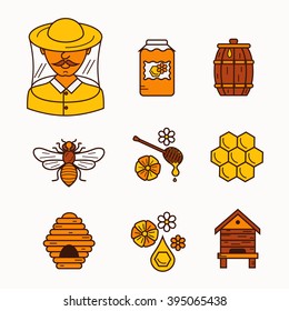 Outline style apiariest vector concept illustration with elements: bee, honey, bee house, honeycomb, apiary, beehive, flower.

