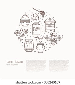 Outline style beekeeping  product vector concept illustration with elements: bee, honey, bee house, honeycomb, apiary, beehive, flower.
