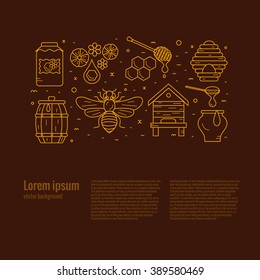 Outline style beekeeping  product vector concept illustration with elements: bee, honey, bee house, honeycomb, apiary, beehive, flower.
