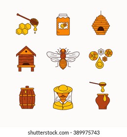 Outline style beekeeping  product vector icons set with elements: bee, honey, bee house, honeycomb, apiary, beehive, flower.

