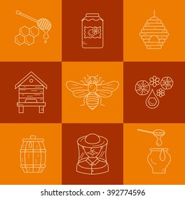 Outline style beekeeping  product vector icons set with elements: bee, honey, bee house, honeycomb, apiary, beehive, flower.
