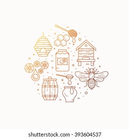 Outline style beekeeping  product vector concept illustration wiht elements: bee, honey, bee house, honeycomb, apiary, beehive, flower. 