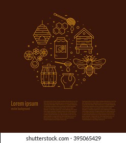 Outline style beekeeping  product vector concept illustration with elements: bee, honey, bee house, honeycomb, apiary, beehive, flower.
