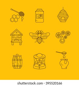 Outline style beekeeping  product vector icons set with elements: bee, honey, bee house, honeycomb, apiary, beehive, flower.

