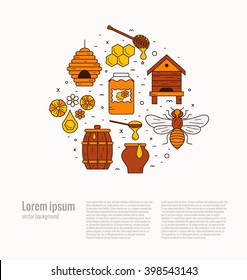 Outline style beekeeping  product vector concept illustration with elements: bee, honey, bee house, honeycomb, apiary, beehive, flower.
