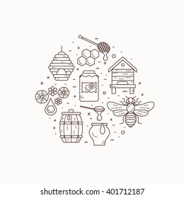 Outline style beekeeping  product vector concept illustration with elements: bee, honey, bee house, honeycomb, apiary, beehive, flower.
