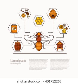 Outline style beekeeping  product vector concept illustration with elements: bee, honey, bee house, honeycomb, apiary, beehive, flower.
