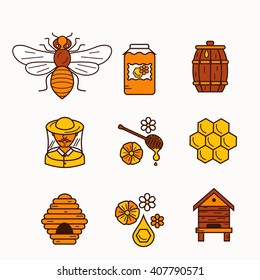 Outline style beekeeping  product vector icons set with elements: bee, honey, bee house, honeycomb, apiary, beehive, flower.
