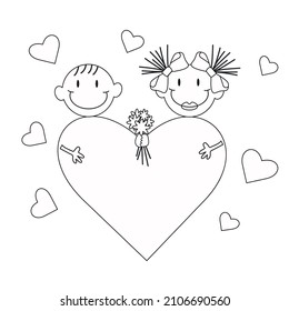 Outline style black and white girl and boy fall in love with each other. Bouquet of flowers and a huge heart, Valentine s day vector design concept. Love story of a couple in love.