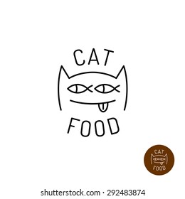 Outline style cartoon funny cat face with fish eyes logo