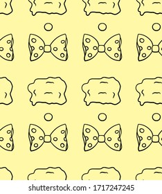 Outline style clown noses, wigs and bows seamless pattern. Decoration for greeting card, wrapper and textile. Yellow background, vector.