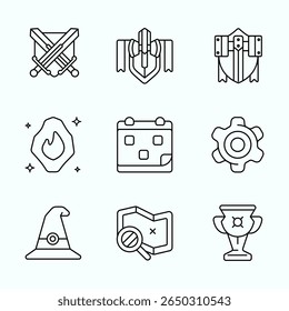 Uma coleção de estilo de contorno de ícones de jogos de RPG de fantasia, incluindo espadas, escudos, chapéu mágico, mapa, equipamentos e troféus. Ideal para interface de usuário de jogos móveis, temas de aventura de fantasia e recursos de jogos