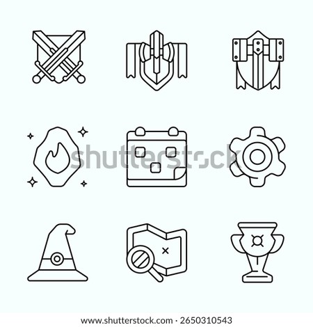 A outline style collection of fantasy RPG game icons including swords, shields, magic hat, map, gear, and trophies. Ideal for mobile game UI, fantasy adventure themes, and gaming assets
