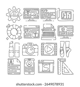 Outline style creative occupation icons including media, writing, design, photography, coding, and dance. Perfect for portfolios, web design, and artistic content.