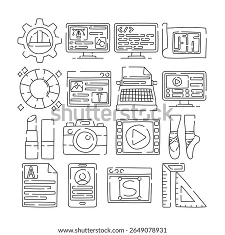 Outline style creative occupation icons including media, writing, design, photography, coding, and dance. Perfect for portfolios, web design, and artistic content.
