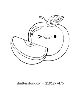 Outline Style Cute apple with a piece of apple vector icon isolated on white background. Cartoon Sticker. Kawaii smiling food illustration. Flat cartoon outline style. Coloring page.