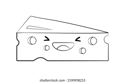 Outline Style cute cheese vector icon  isolated on white background. Cartoon Sticker. Kawaii smiling food illustration. Flat cartoon outline style. Coloring page.