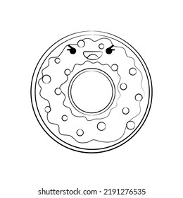 Outline style cute Donut vector icon isolated on white background. Cartoon Sticker. Kawaii smiling food illustration. Flat cartoon outline style. Coloring page. 