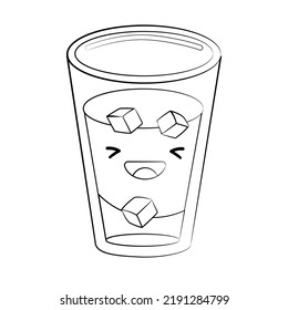 Outline style cute glass with water, juice, tea and ice vector icon isolated on white background. Cartoon Sticker. Kawaii smiling food illustration. Flat cartoon outline style. Coloring page. 