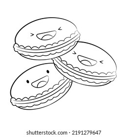 Outline Style Cute macarons vector icon  isolated on white background. Cartoon Sticker. Kawaii smiling food illustration. Flat cartoon outline style. Coloring page.
