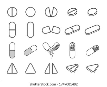 Unterschiedliche Pillen im Stilrichtungen, einzeln auf weißem Hintergrund. Runde, ovale, dreieckige Kapseltabletten. Weißer Hintergrund, Vektorgrafik.