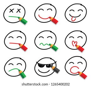 Outline style emoji icons collection drawing by color pencil. Simple emoticons pictograms. vector set of hand drawn face