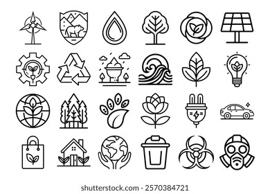 Outline Style Environmental Icons Highlighting Eco-Friendly Practices, Conservation, and Renewable Energy