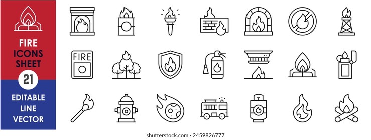 Outline style fire icons set. Containing burning, flame, campfire, gas stove, lighter, match, smoke, firefighter matches, cylinder and so on. Vector linear icons collection.