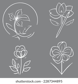 outline style flowers white simple logo design, line art