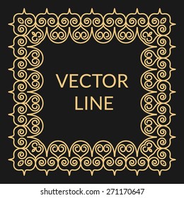Outline style gold background. Square ornamental frame with curls on black. Vector illustration.