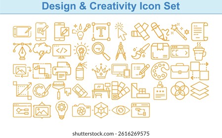 Outline style golden icon collection featuring diverse design and creative concepts set. Suitable for web, print, and digital media projects.