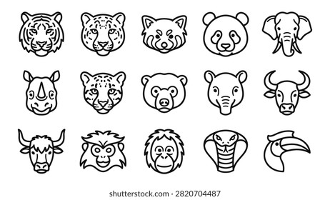 Outline style graphic set illustrating fifteen different wild animal species including big cats primates ungulates and reptiles for nature conservation design.