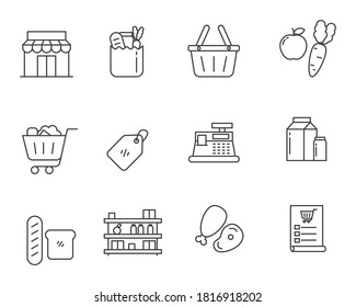 Outline style of grocery store icon set isolated on white background 