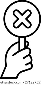 Mão estilo de contorno segurando sinal de marca cruzada errado, ilustração de vetor, conceito de rejeição.