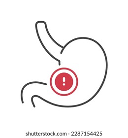 Outline style health care ui icons collection. Human organ disease concept. Vector linear illustration. Stomach digestion system anatomy symbol. Exclamation mark. Design element for healthcare