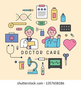 Outline style hospital object icons and  doctor characters. flat design style minimal vector illustration