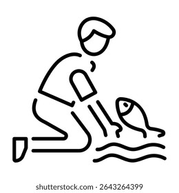 An outline style icon depicting catching fish