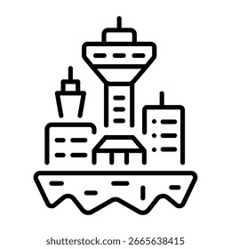 An outline style icon depicting floating city