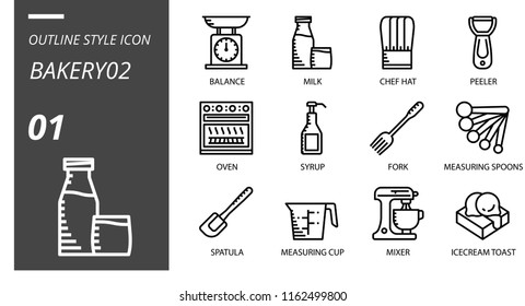Outline style icon pack for bakery, balance, milk, chef hat, peeler, oven, syrup, fork, measuring spoons, spatula, measuring cup, mixer, ice cream toast.