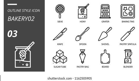 outline style icon pack for bakery, sieve, honey, grater, grater, baking tins, knife, spoon, shovel, pastry spatula, sugar tube, pastry bag, board, blender